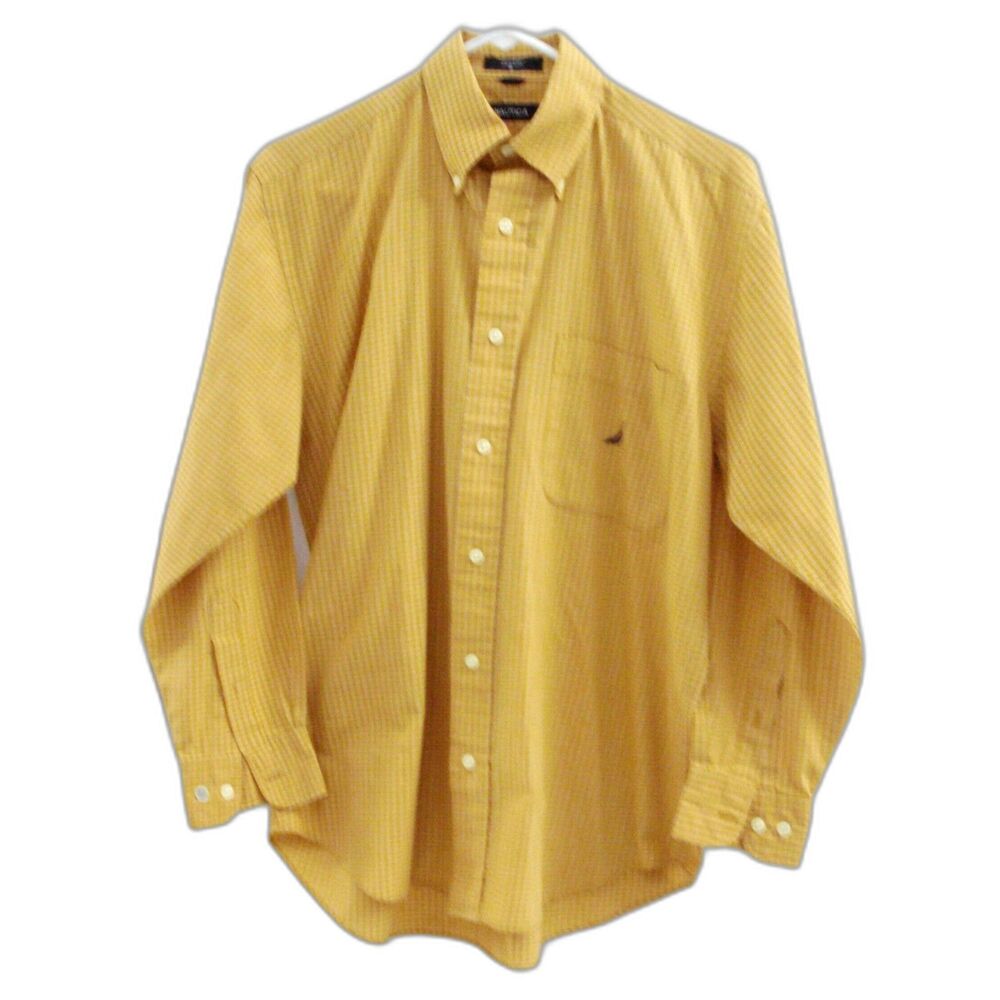 NAUTICA Men Shirt Size S Mustard Gingham Classic Fit Button Long Sleeve Pocket